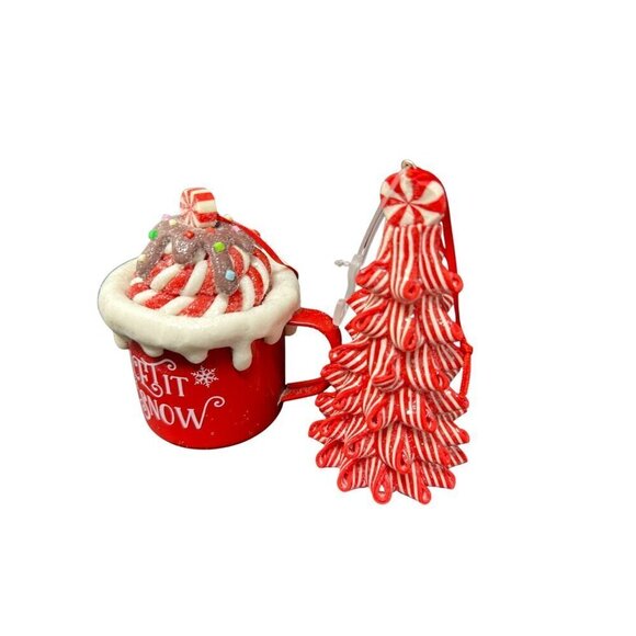 Peppermint Tree Cocoa Mug Ornament Set Christmas Holiday Festive Candyland Red - Picture 4 of 7